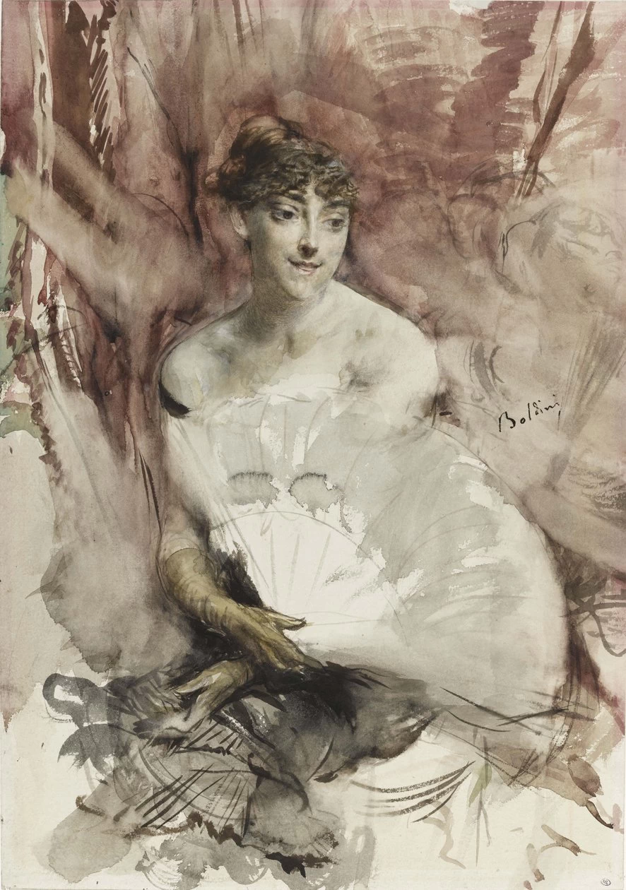 Donna con ventaglio seduta in un palco teatrale Contessa di Rasti, ca 1878